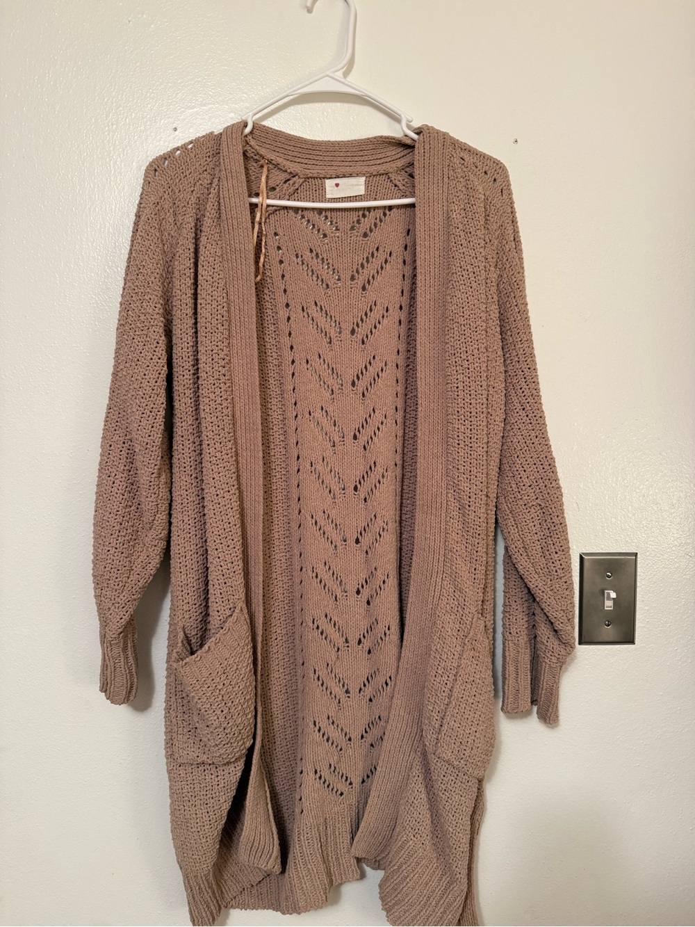 Open-Front Chunky Knit Cardigan Sweater in Taupe